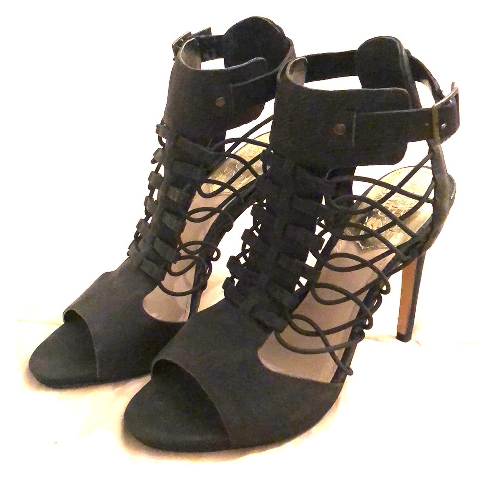 Vince Camuto Black Leather Buckle Heels